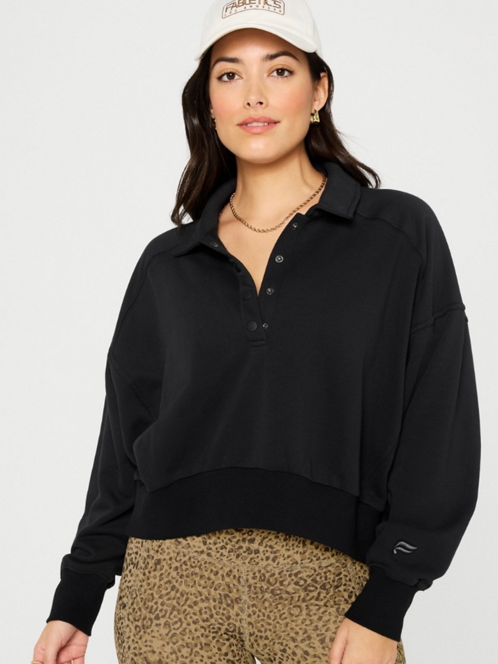 Fabletics women's oversized Year Round Terry Snap Front Sweatshirt black size M